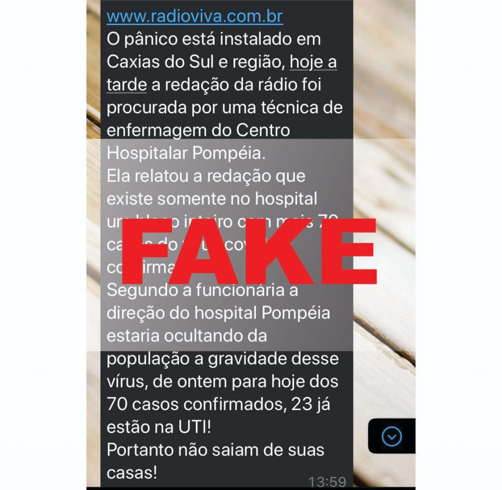 É falsa mensagem que indica aumento do número de casos de Coronavírus em Caxias