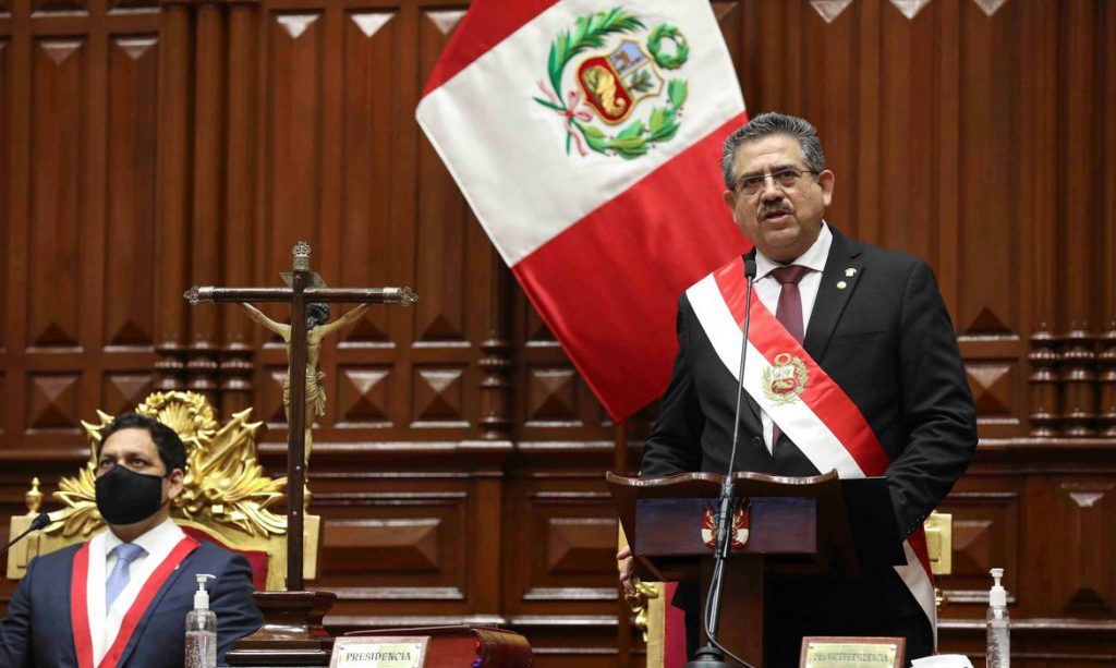 Peru's interim President Manuel Merino addresses lawmakers at Congress after he was sworn in following the removal of President Martin Vizcarra, in Lima, Peru November 10, 2020. Peruvian Congress/Handout via REUTERS  ATTENTION EDITORS - THIS IMAGE HAS BEEN SUPPLIED BY A THIRD PARTY. NO RESALES. NO ARCHIVES.