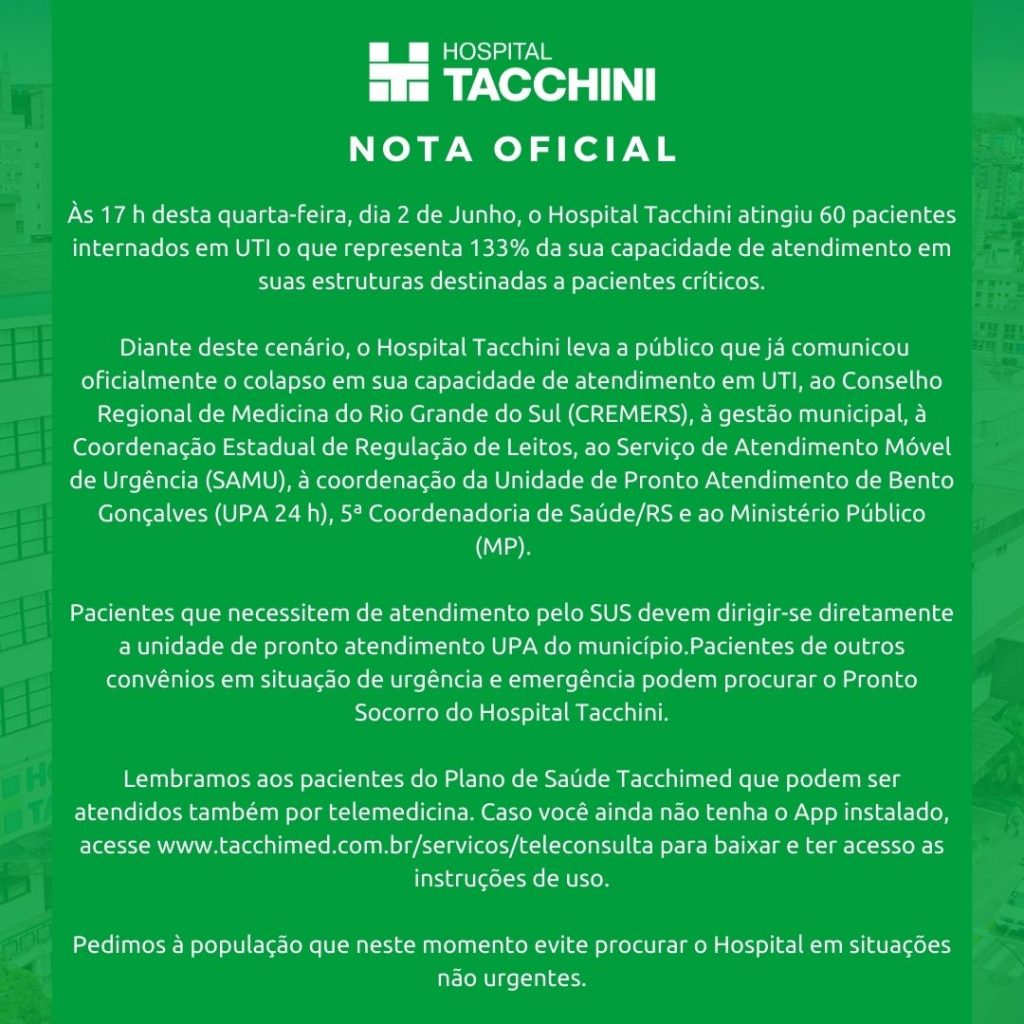 Tacchini atua com 133% acima da capacidade e atendimentos SUS devem ser concentrados na UPA de Bento