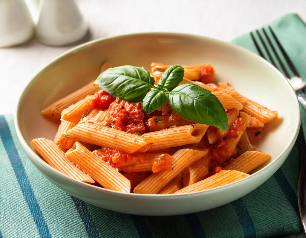 Massa penne ao molho de tomate e manjericão