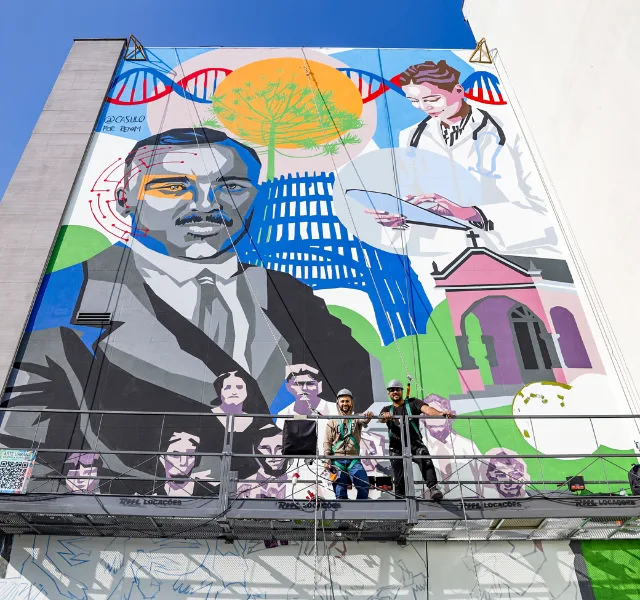 História do Hospital Tacchini é traduzida em mural gigante (Foto: Tiago Flaiban)