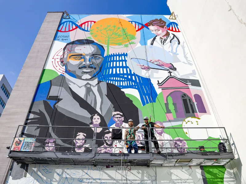 História do Hospital Tacchini é traduzida em mural gigante (Foto: Tiago Flaiban)