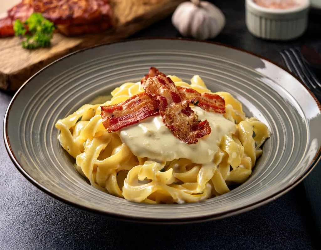 Fettuccine Alfredo com bacon crocante