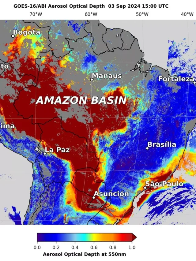 Satélite mostra como a fumaça percorre milhares de quilômetros no Brasil