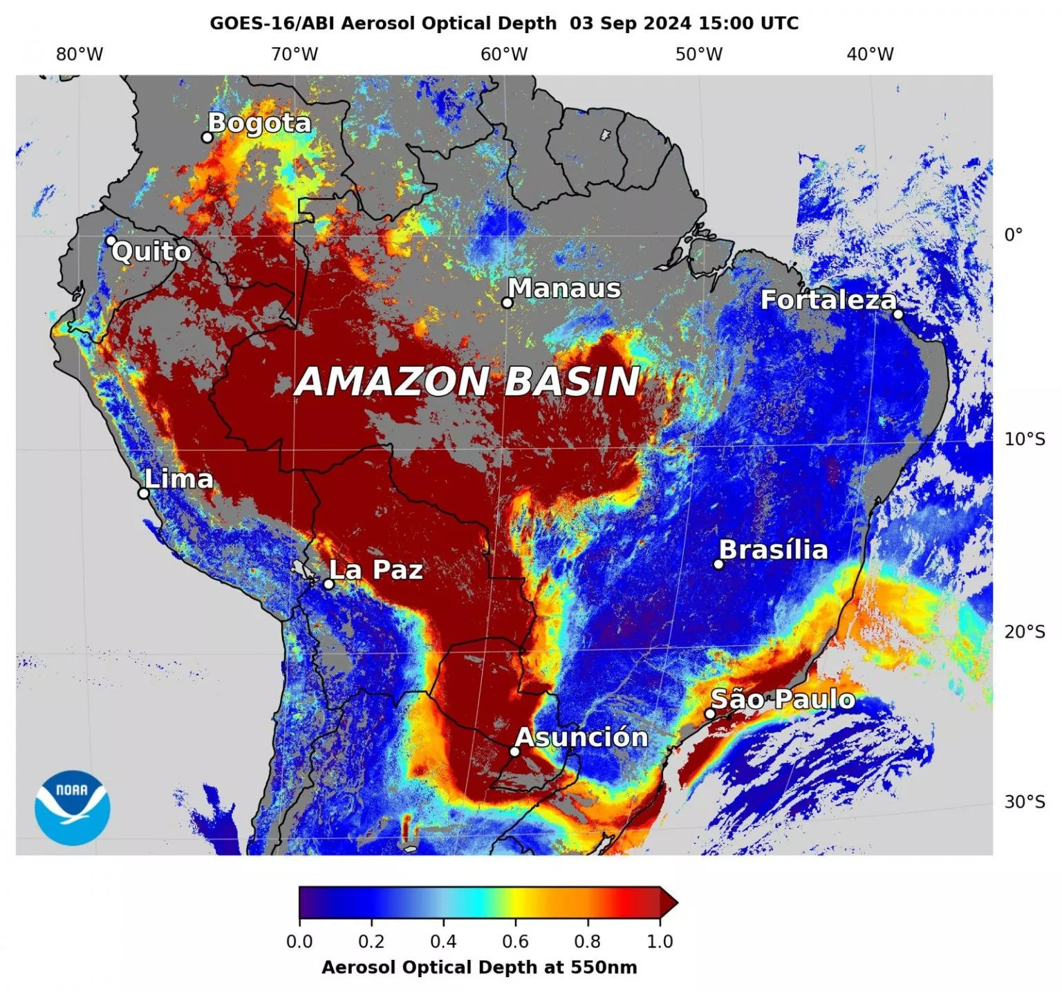 Satélite mostra como a fumaça percorre milhares de quilômetros no Brasil