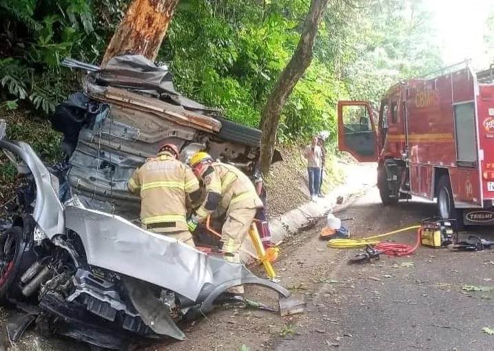 Carro voou por 2m de altura e bateu em uma árvore