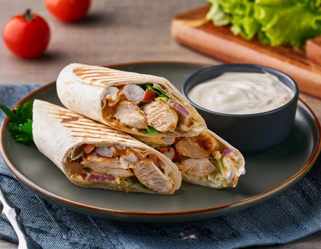 Wrap de frango com molho de iogurte Wrap de frango com molho de iogurte