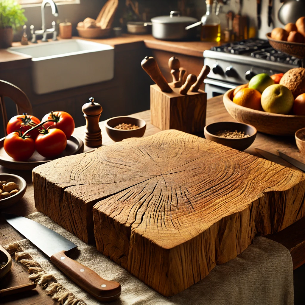 Uma tábua de madeira em uma cozinha, mostrando rachaduras e sinais de uso intenso