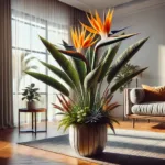 Uma visão de uma Strelitzia (Ave-do-Paraíso) cultivada em um vaso grande, posicionada em um ambiente interno bem iluminado com janelas amplas