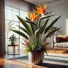 Uma visão de uma Strelitzia (Ave-do-Paraíso) cultivada em um vaso grande, posicionada em um ambiente interno bem iluminado com janelas amplas