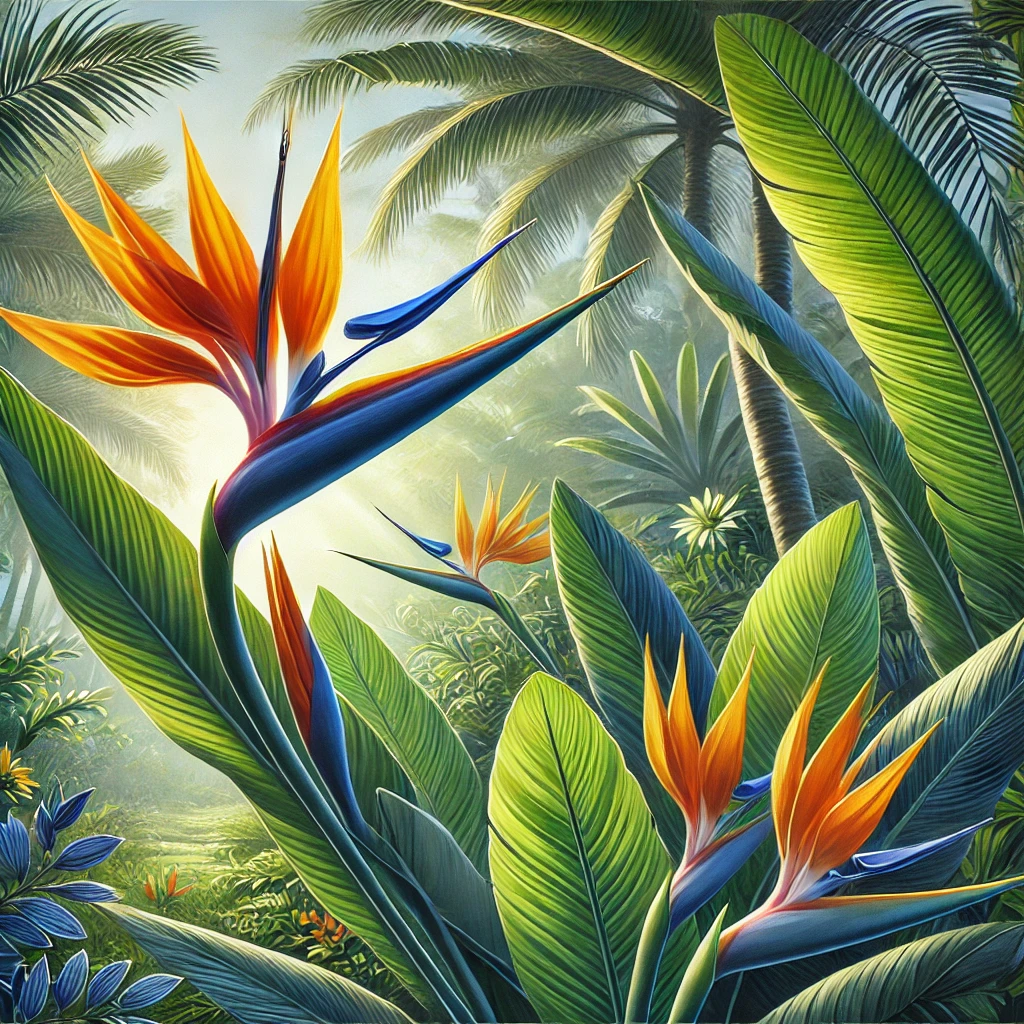 Uma ilustração realista de uma Strelitzia (Ave-do-Paraíso) em pleno florescimento em um jardim tropical