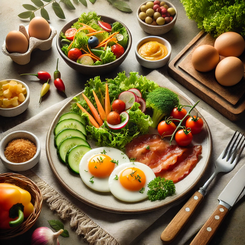  Um prato saudável com ovos cozidos cortados ao meio, acompanhados de salada colorida e vegetais frescos, representando uma refeição equilibrada. A mes