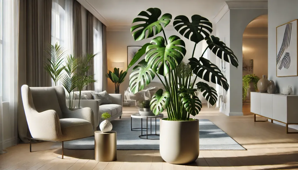 Uma planta Costela de Adão (Monstera deliciosa) exuberante, incorporada a um paisagismo interno moderno