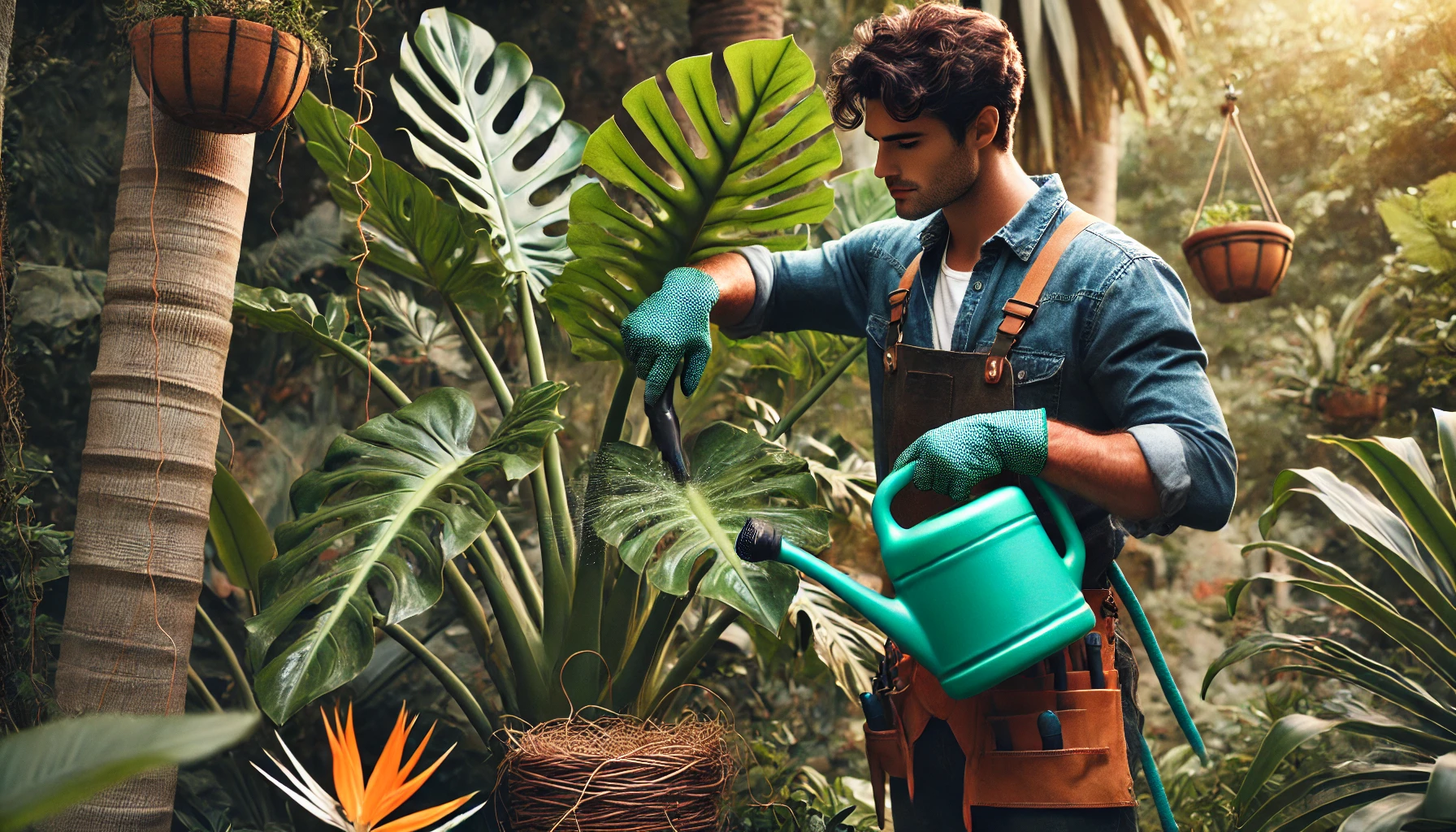 Um jardineiro cuidando de uma Costela de Adão (Monstera deliciosa) exuberante