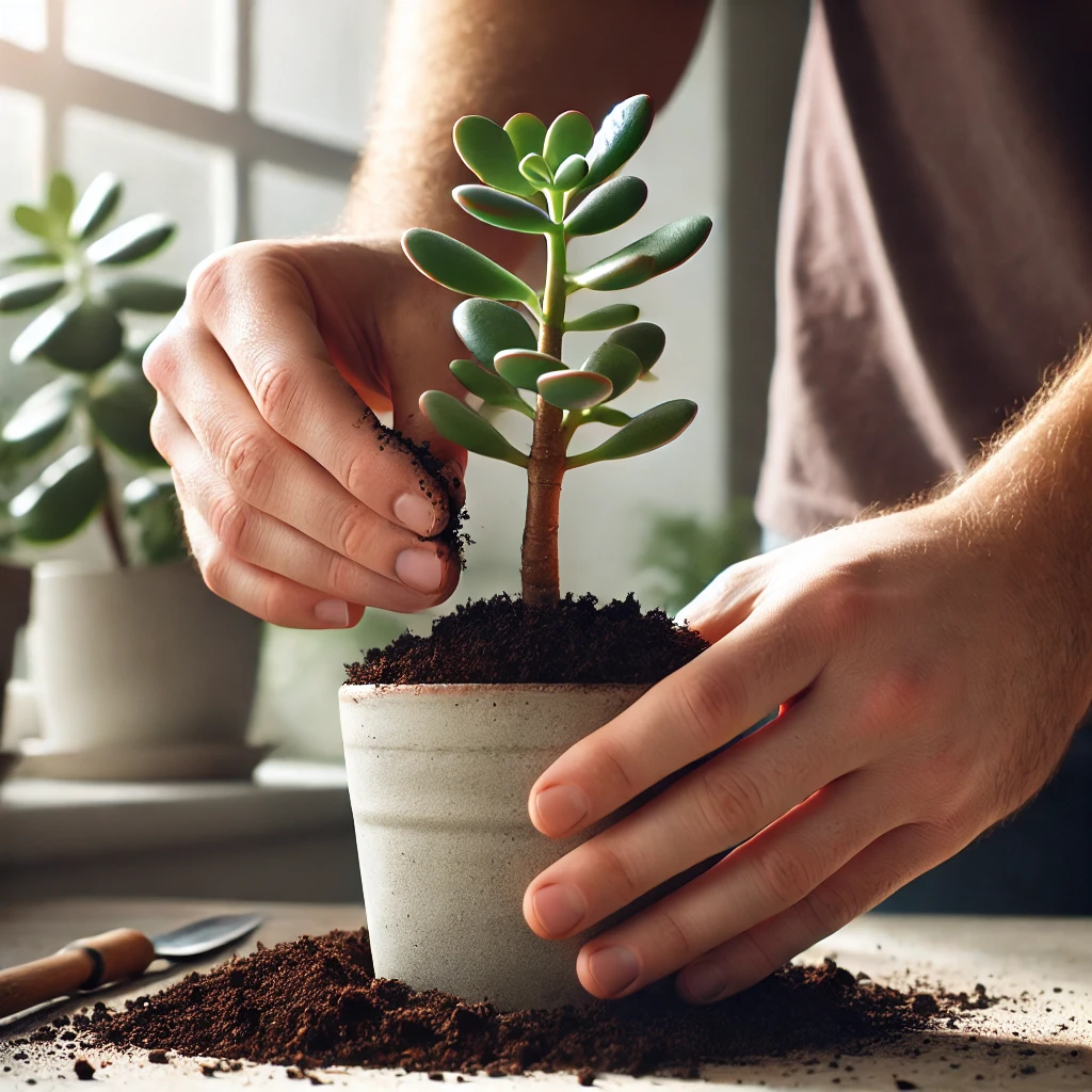 planta jade (Crassula ovata) recebendo cuidados em um ambiente agradavel