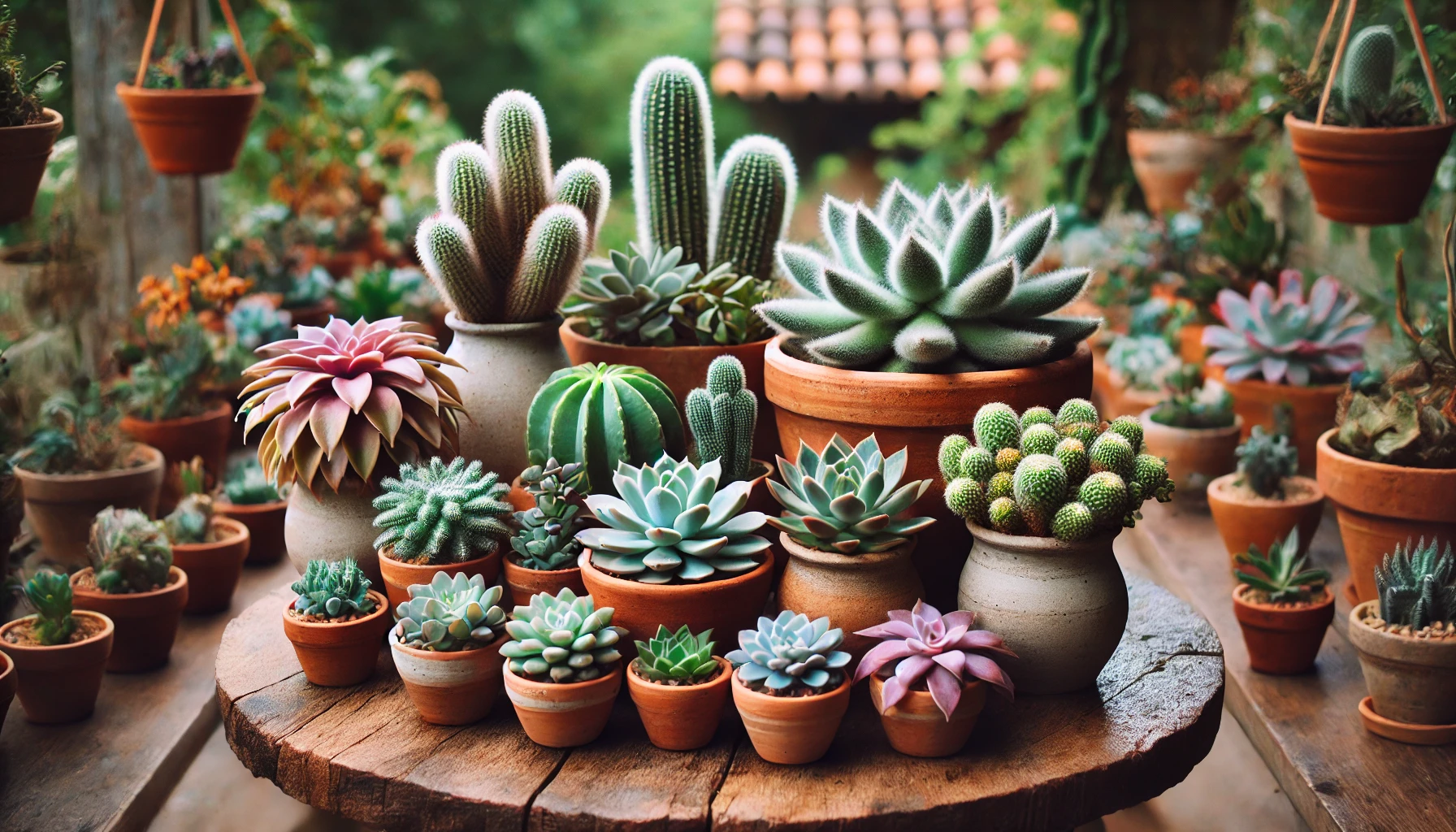 Uma coleção de suculentas variadas em vasos de barro, dispostas em uma mesa de madeira com fundo desfocado de um jardim