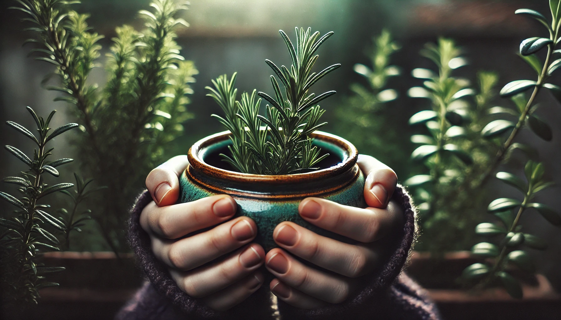 Uma pessoa segurando com as duas mãos um vaso de cerâmica contendo um alecrim (Rosmarinus officinalis) vibrante