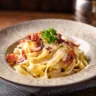 Fettuccine Alfredo com bacon crocante