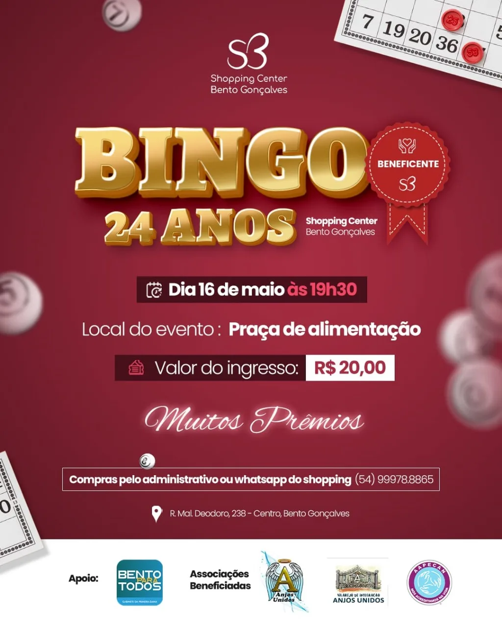 Associação Anjos Unidos de Bento Gonçalves realiza Bingo Beneficente nesta sexta-feira