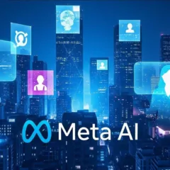 Imagem futurista com ícones de pessoas e prédios de cidade, Meta AI.