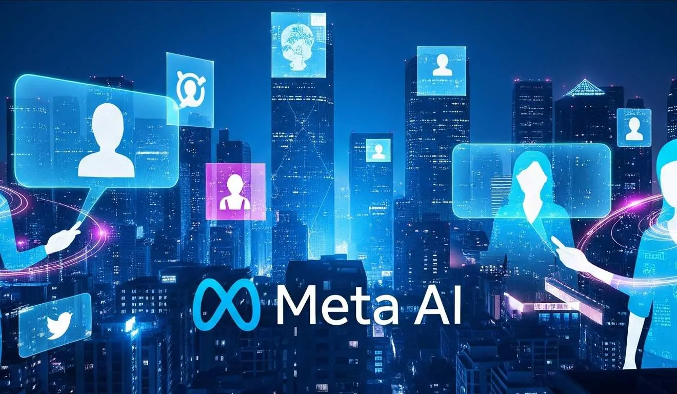 Imagem futurista com ícones de pessoas e prédios de cidade, Meta AI. Imagem futurista com ícones de pessoas e prédios de cidade, Meta AI.
