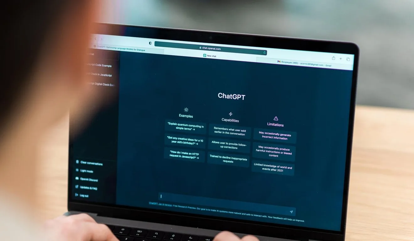 Tela de laptop mostrando o ChatGPT com exemplos, capacidades e limitações.