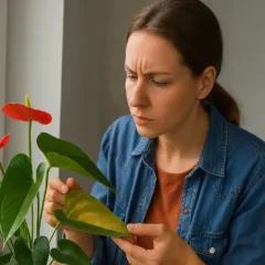 Folhas desbotadas no antúrio são sinal de que o vento está prejudicando a planta