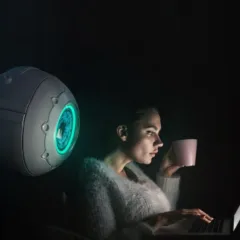 Mulher com laptop e um dispositivo de vigilância digital com olho brilhante
