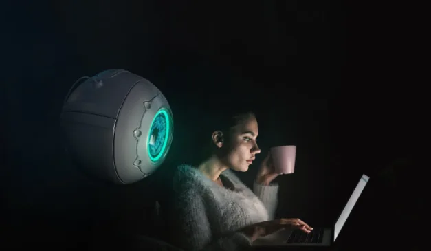 Mulher com laptop e um dispositivo de vigilância digital com olho brilhante