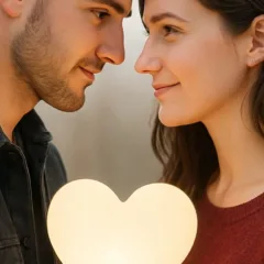 Casal apaixonado se olhando, com uma luz em formato de coração entre eles, simbolizando amor e união.