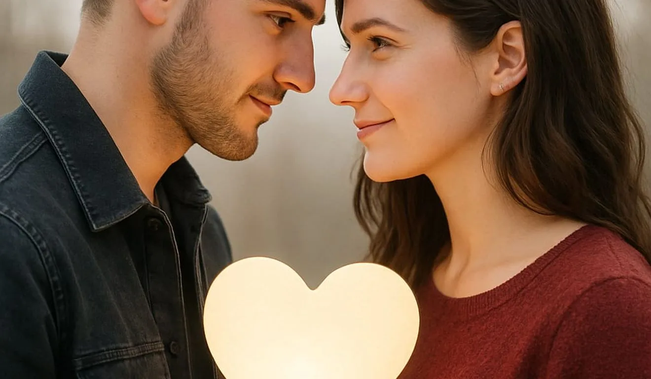 Casal apaixonado se olhando, com uma luz em formato de coração entre eles, simbolizando amor e união.