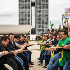 Manifestantes em Brasília puxando corda em protesto, com bandeiras do Brasil e o Congresso Nacional ao fundo.