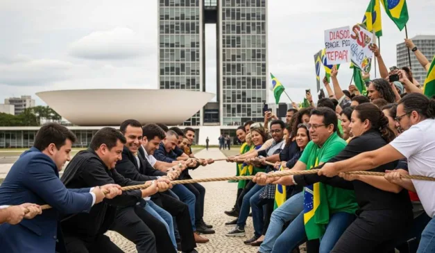 Manifestantes em Brasília puxando corda em protesto, com bandeiras do Brasil e o Congresso Nacional ao fundo.