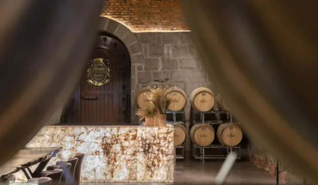Interior de adega com barris de vinho e porta de madeira com detalhes dourados