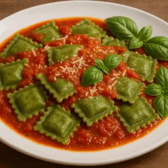 Ravióli de espinafre com molho de tomate caseiro