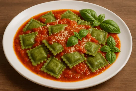 Ravióli de espinafre com molho de tomate caseiro