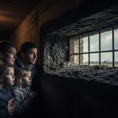 Família observa pela janela com grades, dentro de um abrigo escuro. Atmosfera tensa e curiosa.