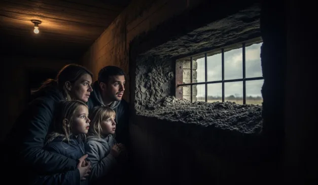 Família observa pela janela com grades, dentro de um abrigo escuro. Atmosfera tensa e curiosa.