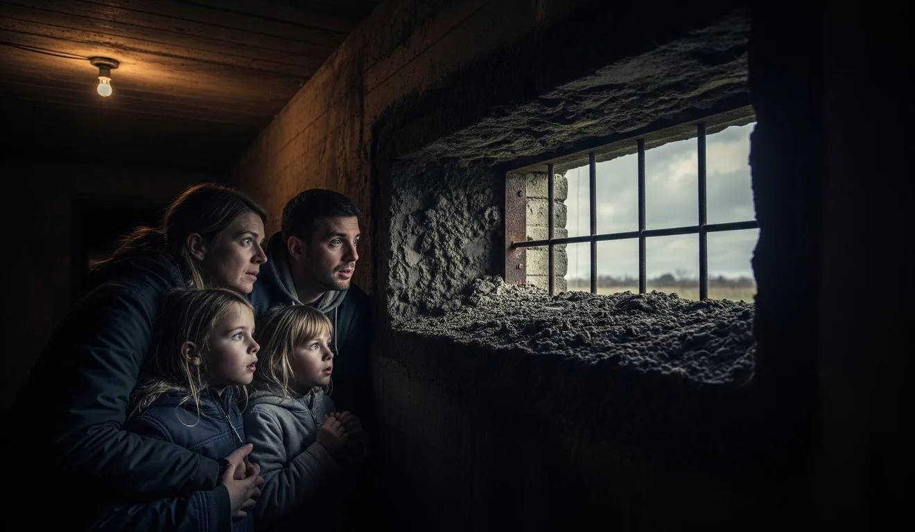 Família observa pela janela com grades, dentro de um abrigo escuro. Atmosfera tensa e curiosa.