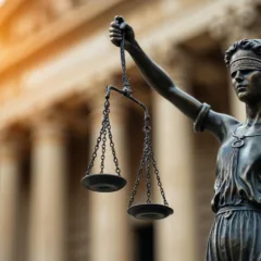 Estátua da justiça com balança em frente a um edifício clássico.