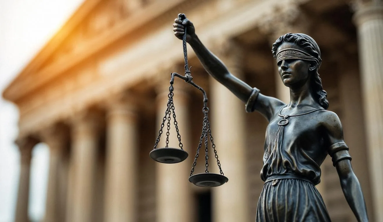 Estátua da justiça com balança em frente a um edifício clássico.
