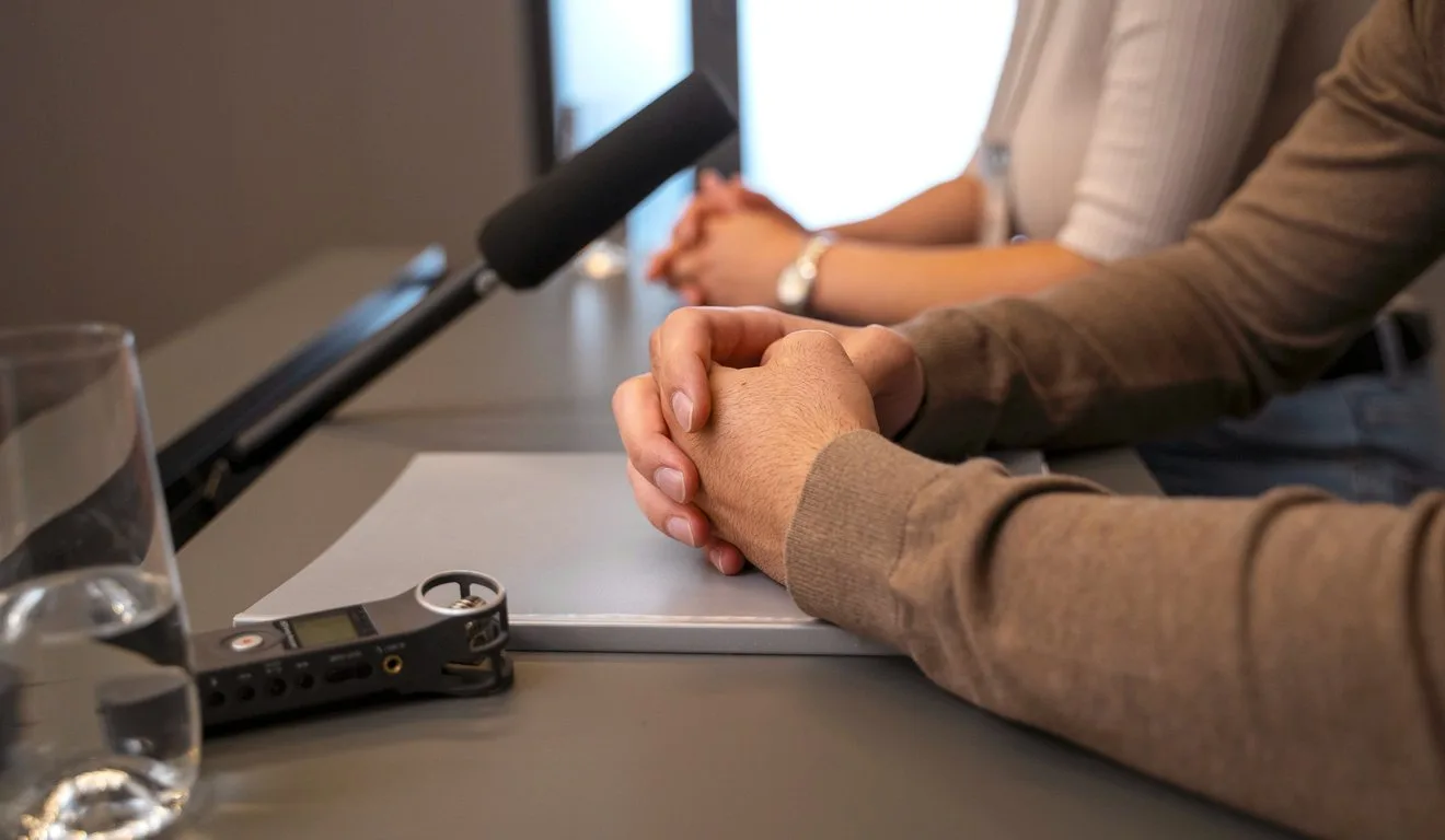 Mãos entrelaçadas sobre uma mesa com um gravador e microfone, em um ambiente de entrevista.