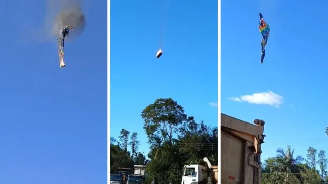 Momento em que o balão despencou no Sul de SC (Foto: Reprodução, Redes Sociais)