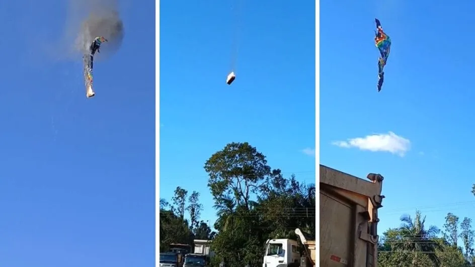 Momento em que o balão despencou no Sul de SC (Foto: Reprodução, Redes Sociais)