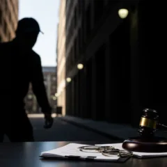 Imagem de um martelo de juiz, algemas e uma figura sombreada em um beco.