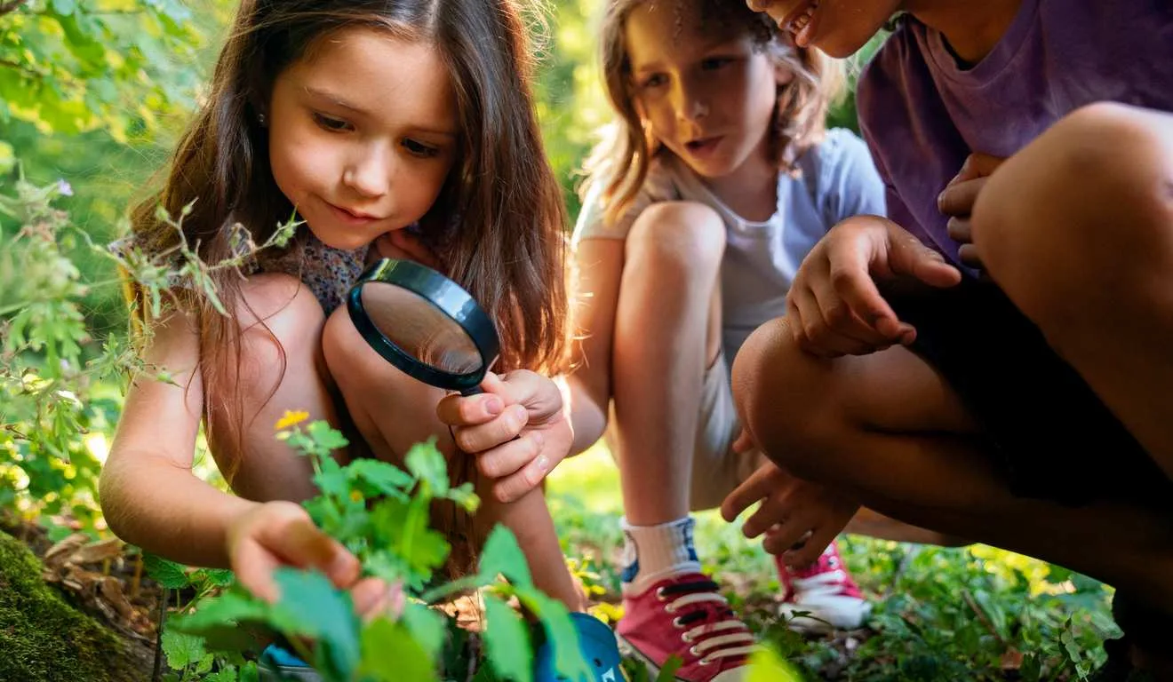 Crianças explorando a natureza com uma lupa, aprendendo sobre plantas e meio ambiente.
