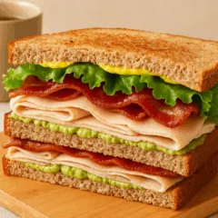 Sanduiche de peito de peru, abacate e bacon
