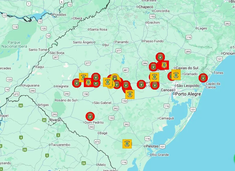 Governo disponibiliza mapa com informações sobre bloqueios parciais e totais nas rodovias gaúchas por causa da chuva. Imagem Reprodução mapa.
