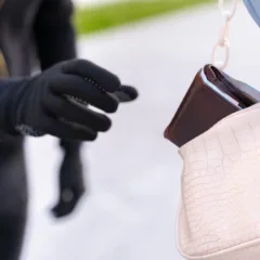 Mão enluvada tentando pegar carteira de dentro de uma bolsa.