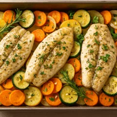 Peixe assado com batatas e legumes